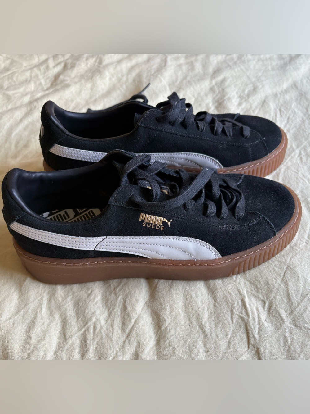 Puma Black Suede Sneakers with White Formstrip and Brown Gum Sole